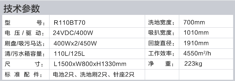容恩洗地车（R110BT70）_驾驶式洗地机技术参数